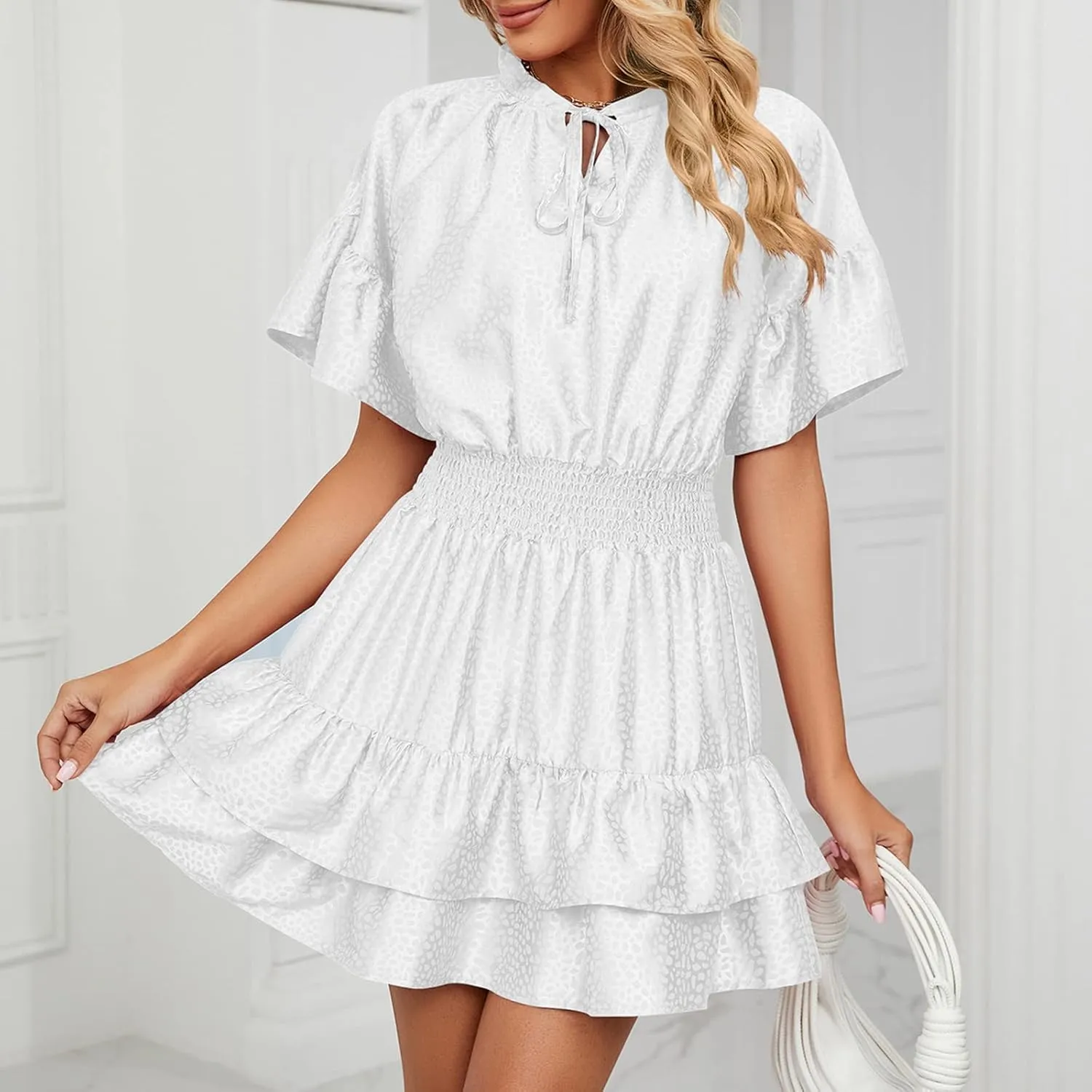 HGps8w Women Cute Summer Satin Dresses Lace-up V Neck Short Sleeve High Waist Ruffle Tiered A Line Swing Tunic Mini Dress