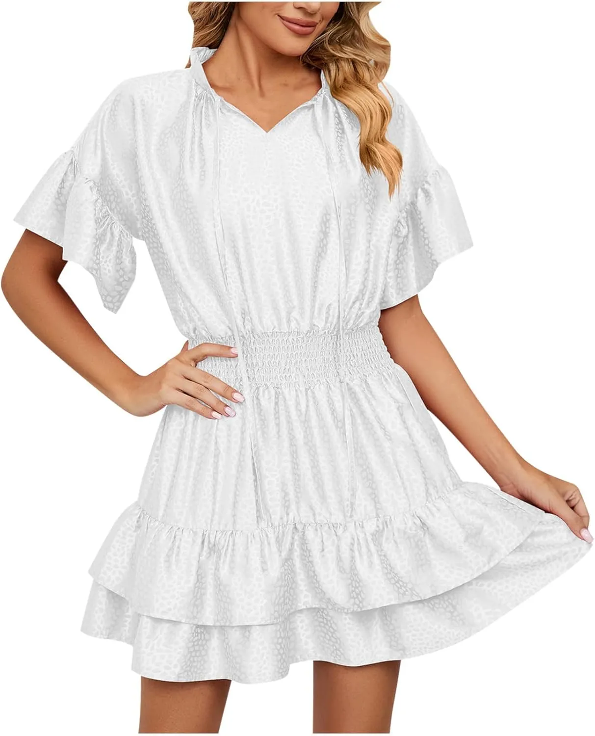 HGps8w Women Cute Summer Satin Dresses Lace-up V Neck Short Sleeve High Waist Ruffle Tiered A Line Swing Tunic Mini Dress