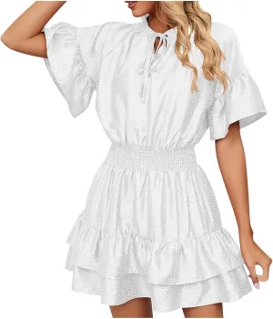 HGps8w Women Cute Summer Satin Dresses Lace-up V Neck Short Sleeve High Waist Ruffle Tiered A Line Swing Tunic Mini Dress
