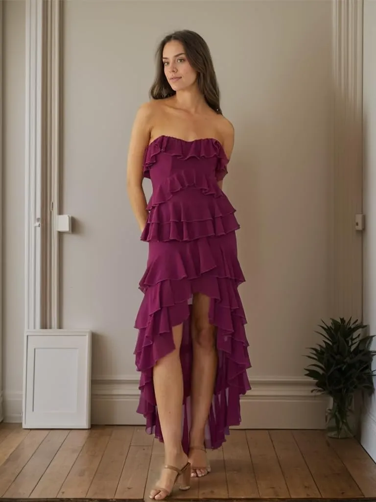 High Low Prom Dress with Slit Ruched Chiffon Strapless Evening Gown Tiered Ruffle Formal Party Dress for Women
