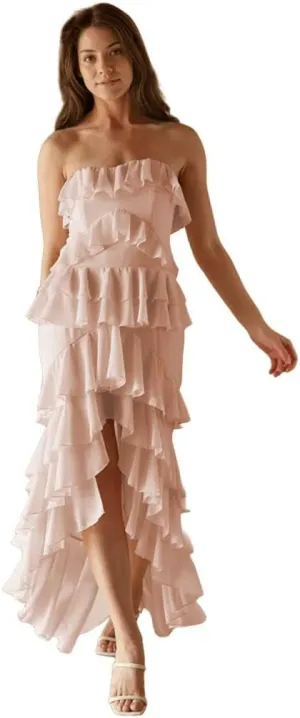 High Low Prom Dress with Slit Ruched Chiffon Strapless Evening Gown Tiered Ruffle Formal Party Dress for Women