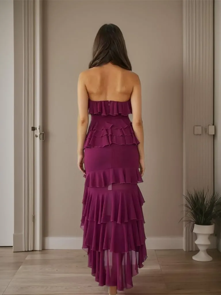 High Low Prom Dress with Slit Ruched Chiffon Strapless Evening Gown Tiered Ruffle Formal Party Dress for Women