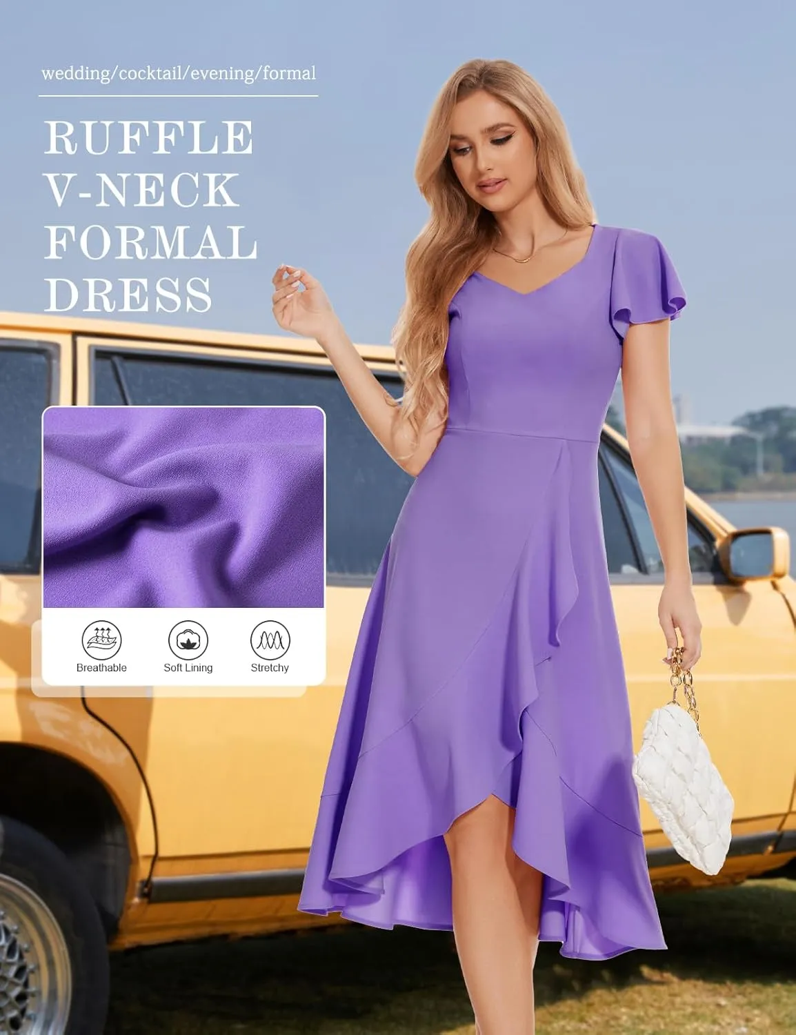 HomRain V Neck Formal Wedding Guest Bridesmaid Dresses for Women 2025 Ruffle Sleeves for Cocktail Graduation Modest Dress