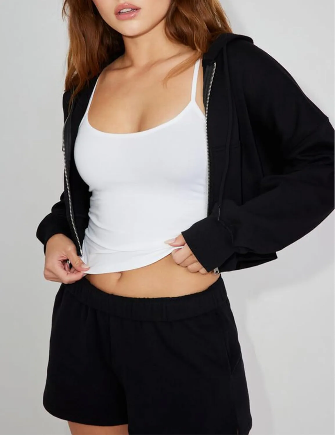 Hooever Womens Cute Workout Cropped Zip Up Drawstring Hoodie Sweatshirt Jacket