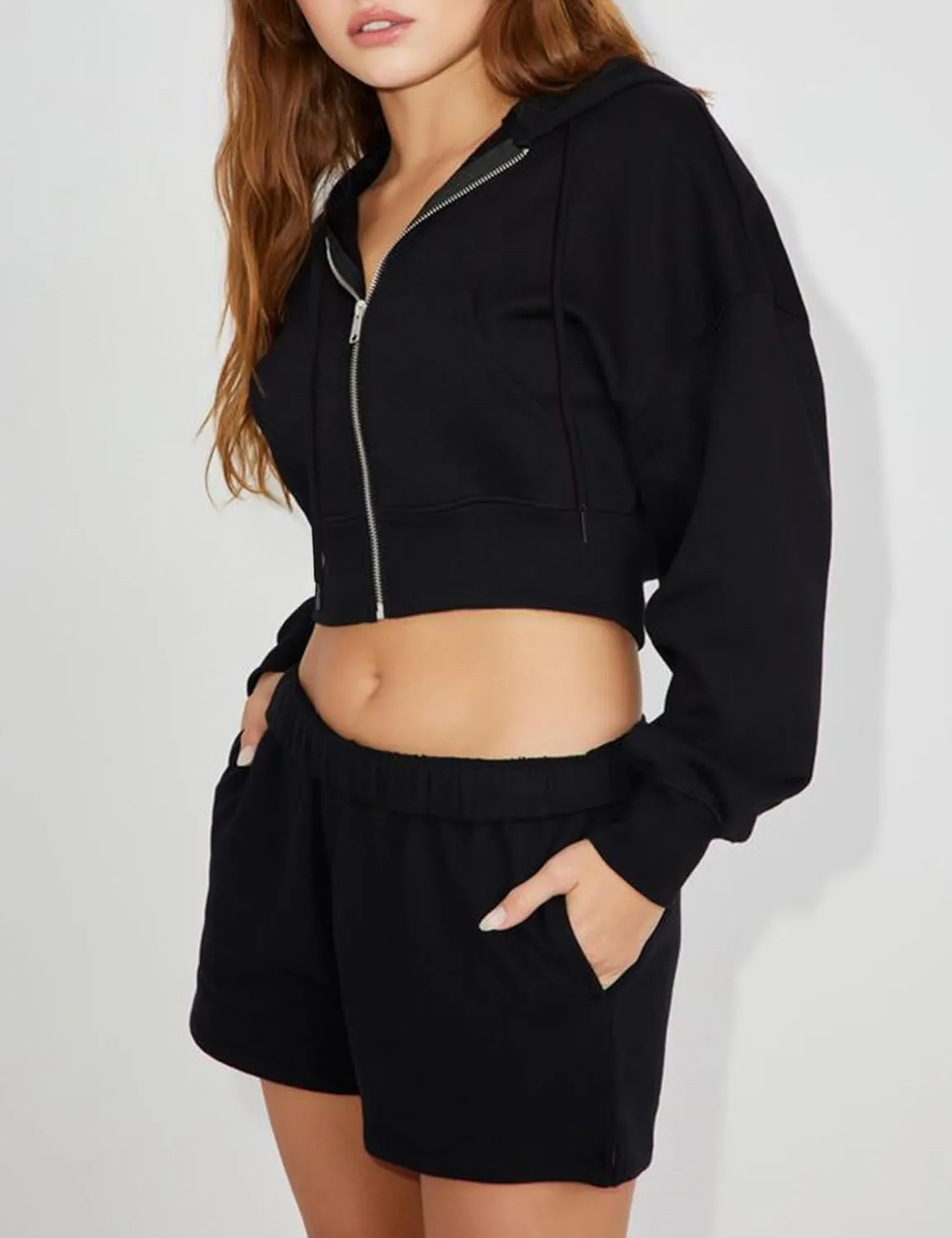 Hooever Womens Cute Workout Cropped Zip Up Drawstring Hoodie Sweatshirt Jacket