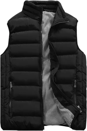 HOW'ON Men's Outdoor Casual Classic Quilted Vest Stand Collar Warm Puffer Vest Sleeveless Jacket Coat
