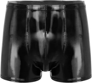 Hularka Men's Sexy Boxer Briefs Low Rise Hipster Trunks Hot Pants PVC Leather Wet Look Shorts