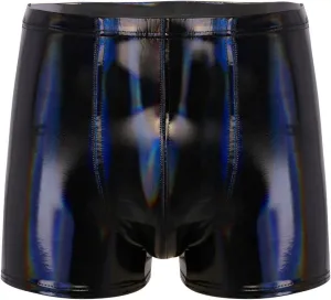 Hularka Men's Sexy Boxer Briefs Low Rise Hipster Trunks Hot Pants PVC Leather Wet Look Shorts