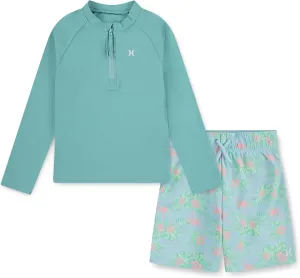 Hurley Boys' Long Sleeve Rash Guard Swim Suit 2-Piece Outfit Set