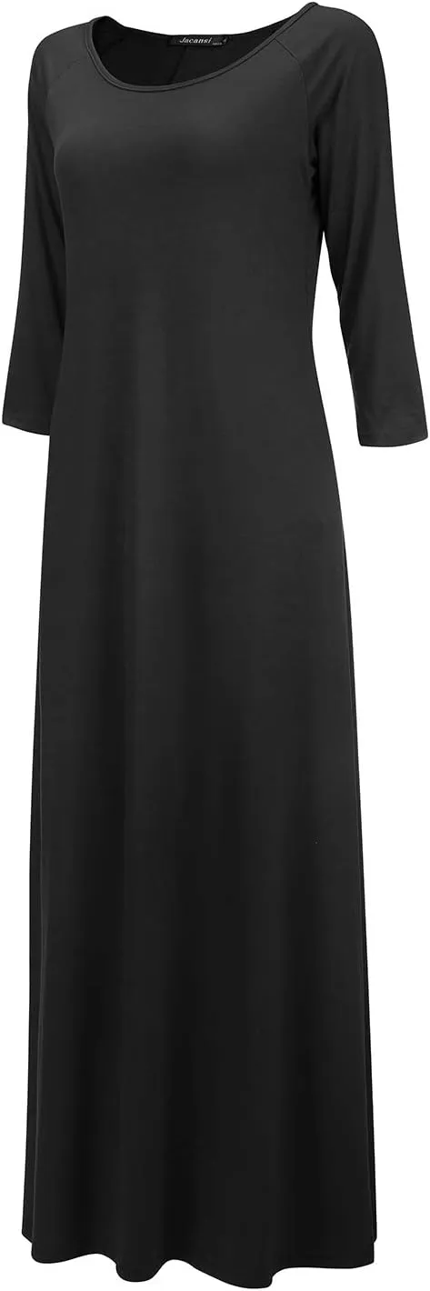 Jacansi Women's Cotton 3/4 Long Sleeve Maxi Dress Casual Home Dress Pocket Oversize