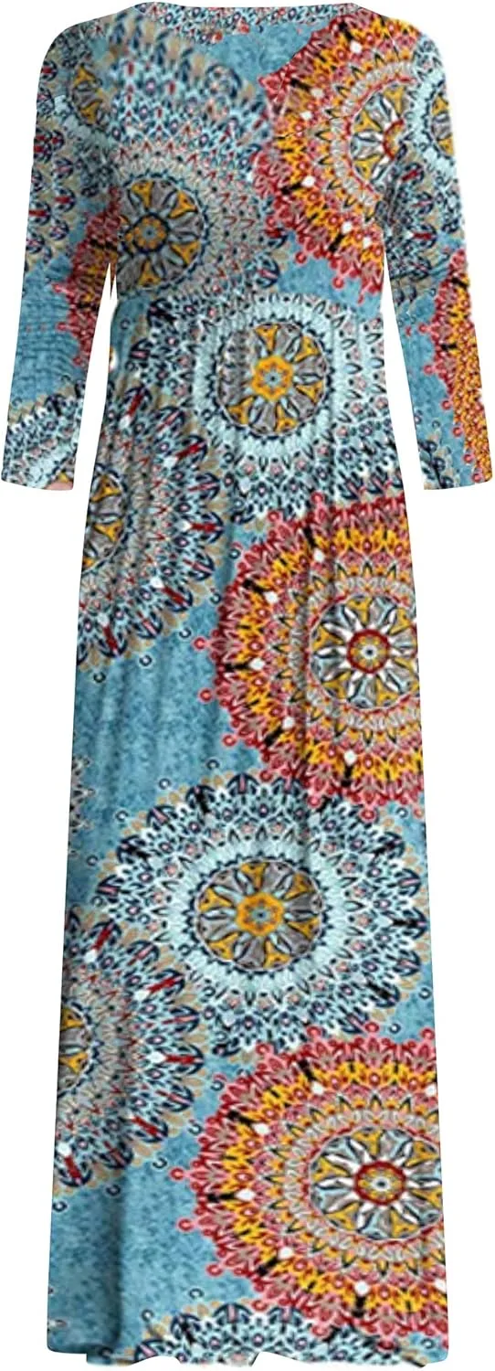 Jacansi Women's Cotton 3/4 Long Sleeve Maxi Dress Casual Home Dress Pocket Oversize