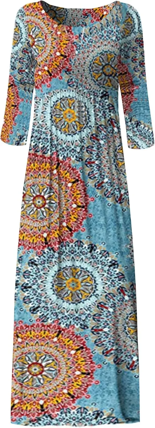 Jacansi Women's Cotton 3/4 Long Sleeve Maxi Dress Casual Home Dress Pocket Oversize