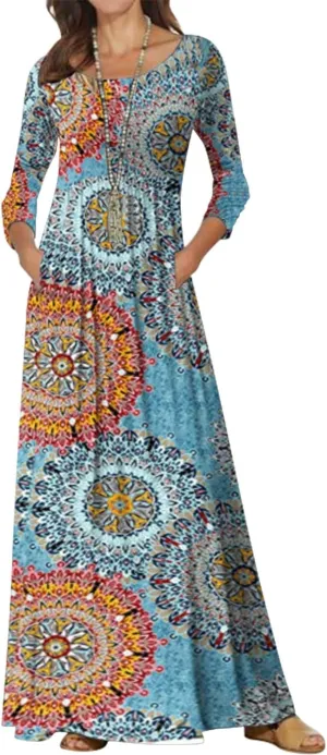 Jacansi Women's Cotton 3/4 Long Sleeve Maxi Dress Casual Home Dress Pocket Oversize