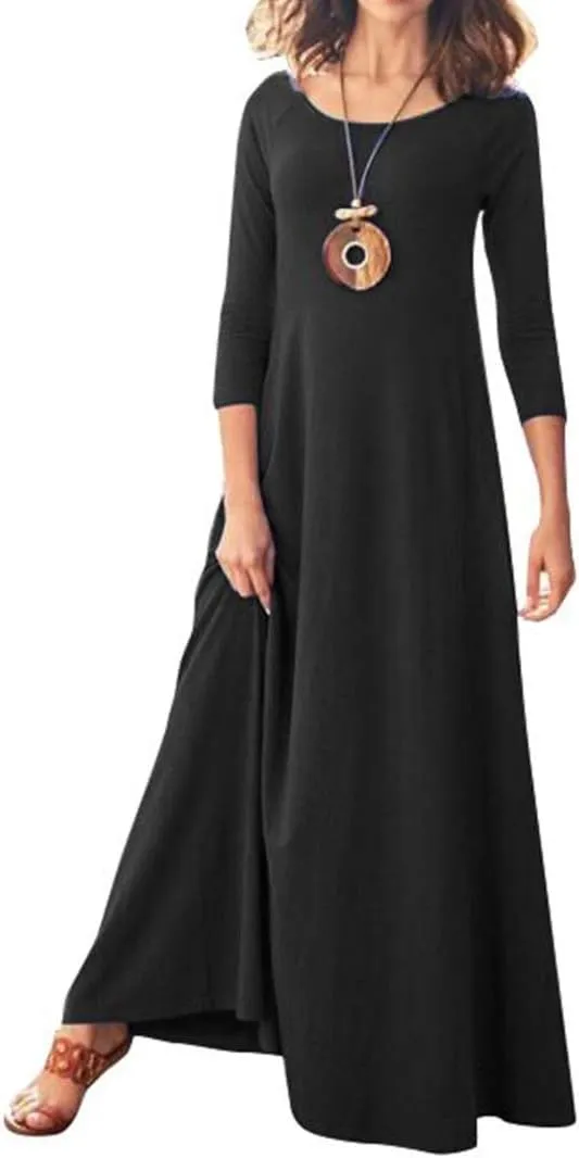 Jacansi Women's Cotton 3/4 Long Sleeve Maxi Dress Casual Home Dress Pocket Oversize