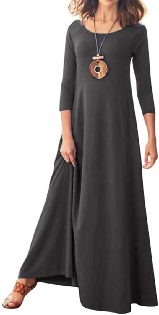 Jacansi Women's Cotton 3/4 Long Sleeve Maxi Dress Casual Home Dress Pocket Oversize