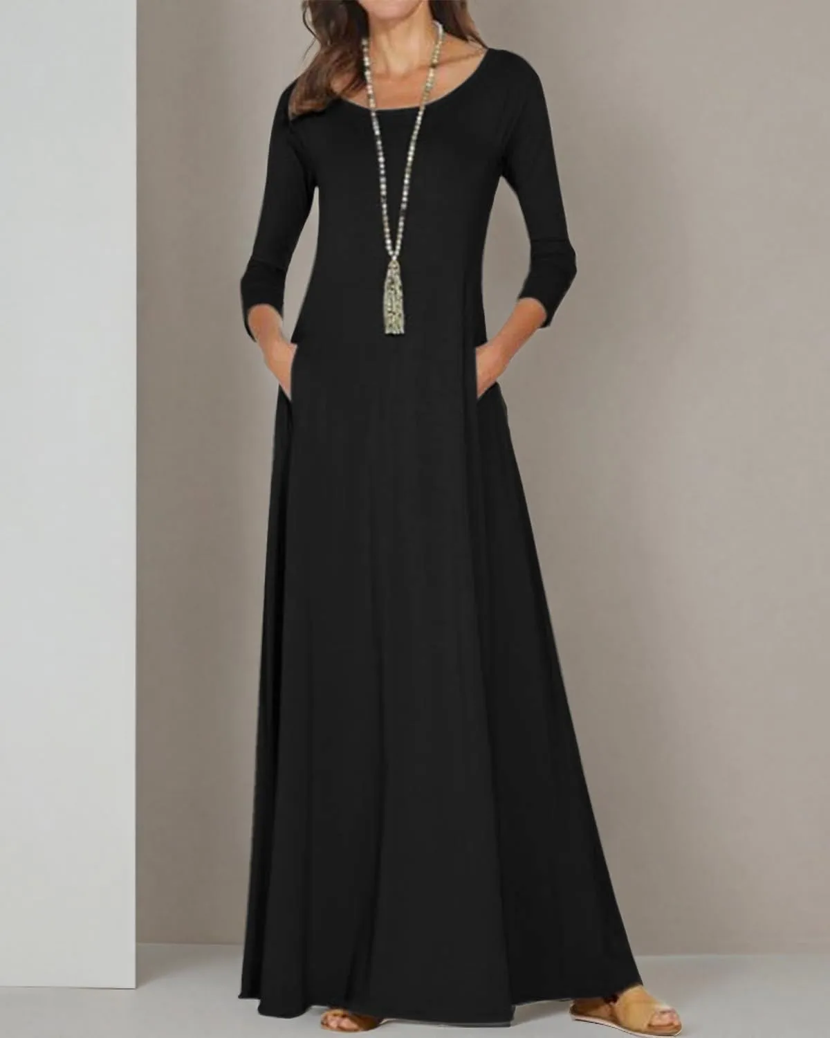 Jacansi Women's Cotton 3/4 Long Sleeve Maxi Dress Casual Home Dress Pocket Oversize