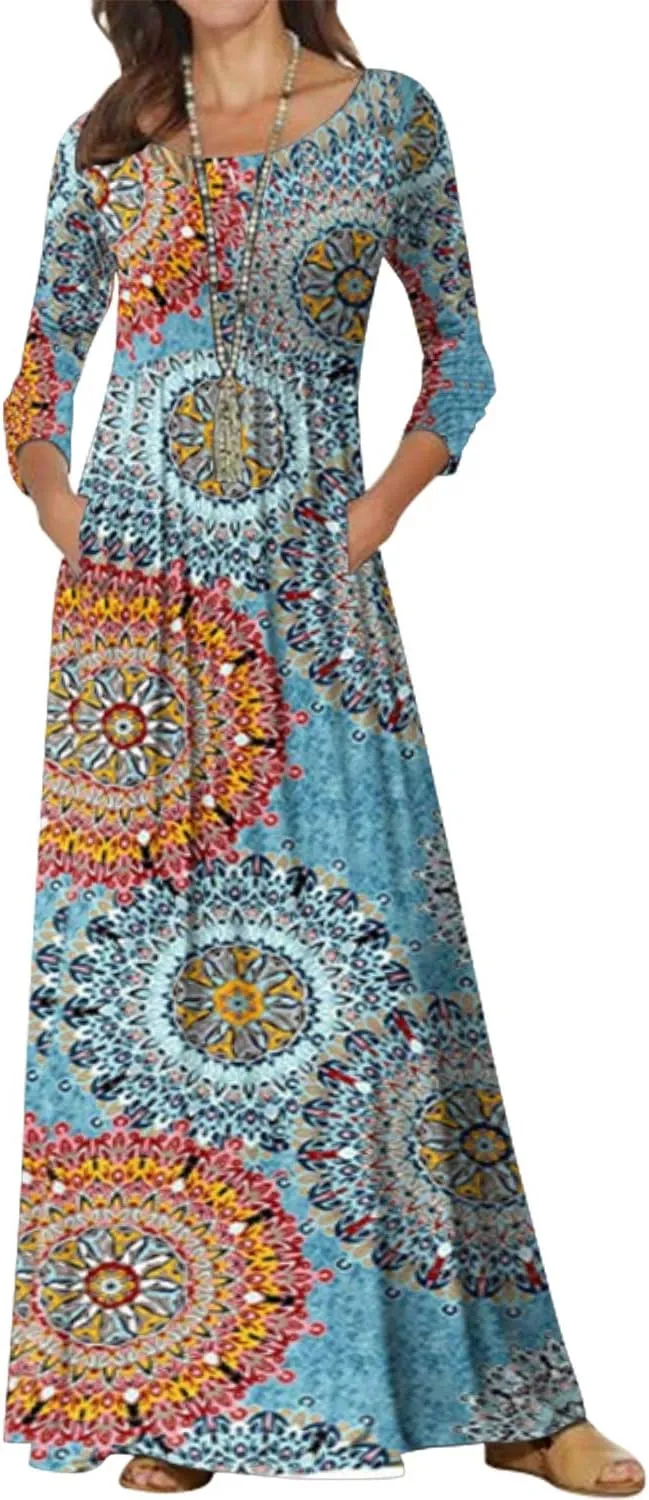 Jacansi Women's Cotton 3/4 Long Sleeve Maxi Dress Casual Home Dress Pocket Oversize