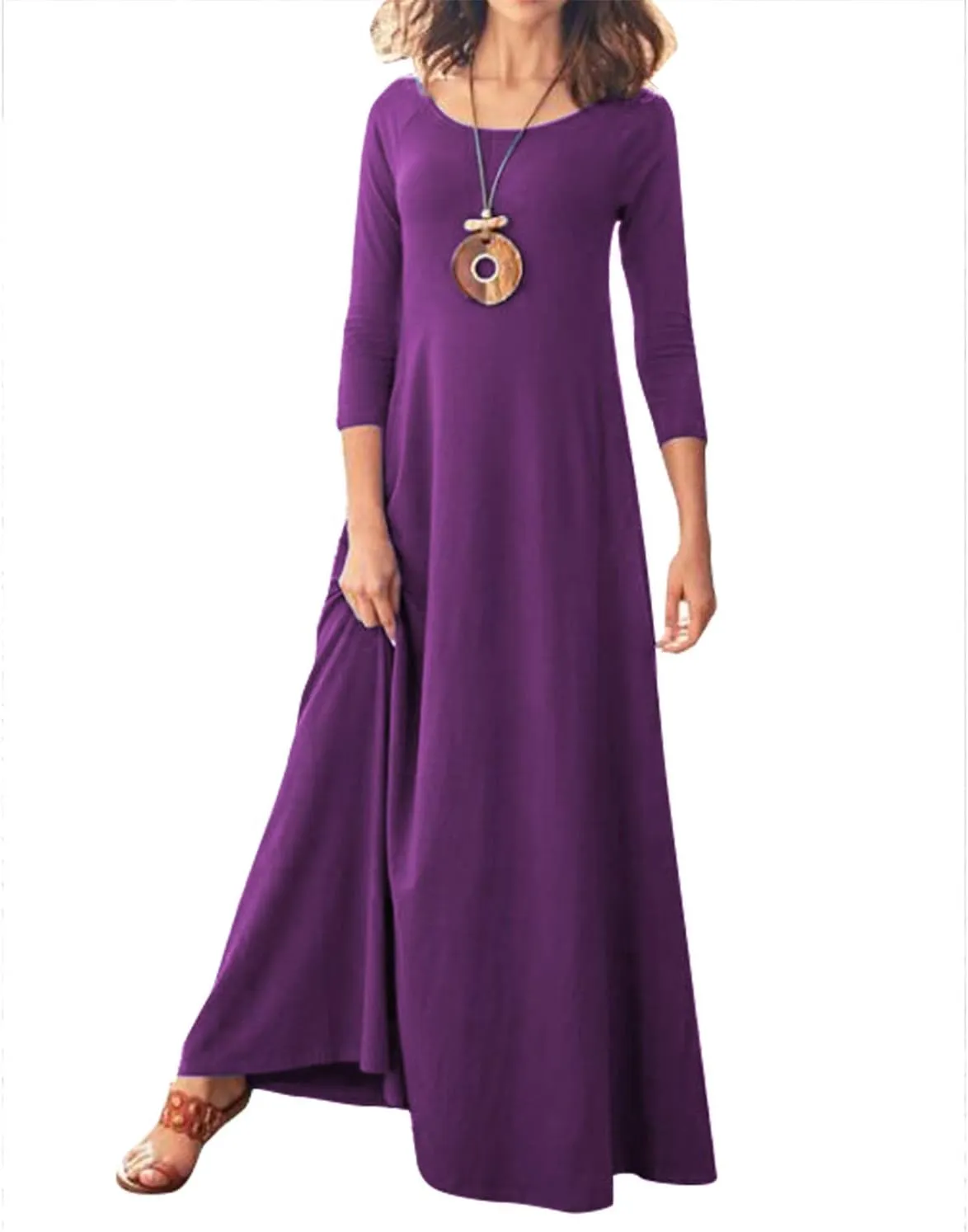 Jacansi Women's Cotton 3/4 Long Sleeve Maxi Dress Casual Home Dress Pocket Oversize
