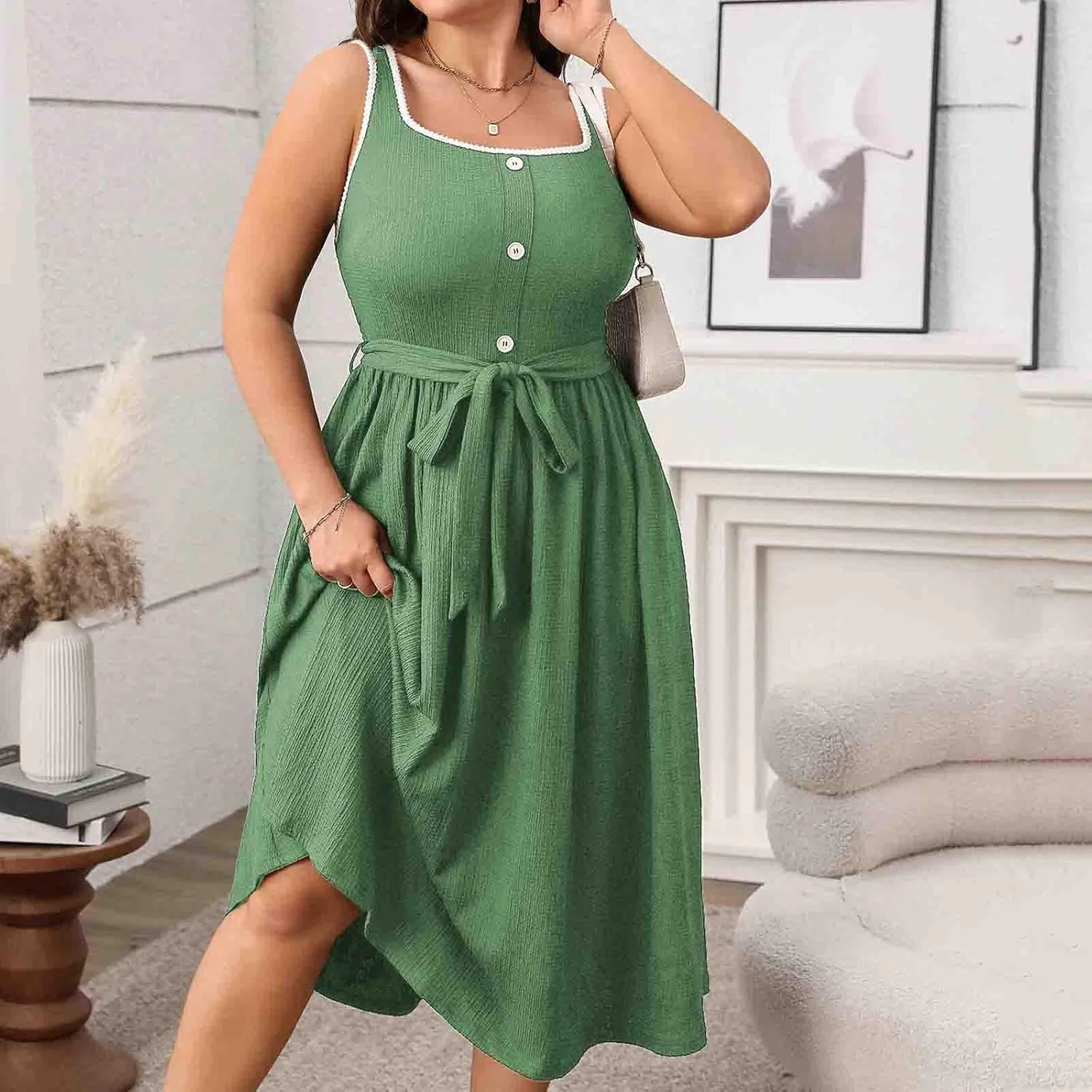 JOAU Women Plus Size Summer Beach Midi Dress Sleeveless A-Line Square Neck Smocked Pleated Belted Cocktail Party Tank Dresses