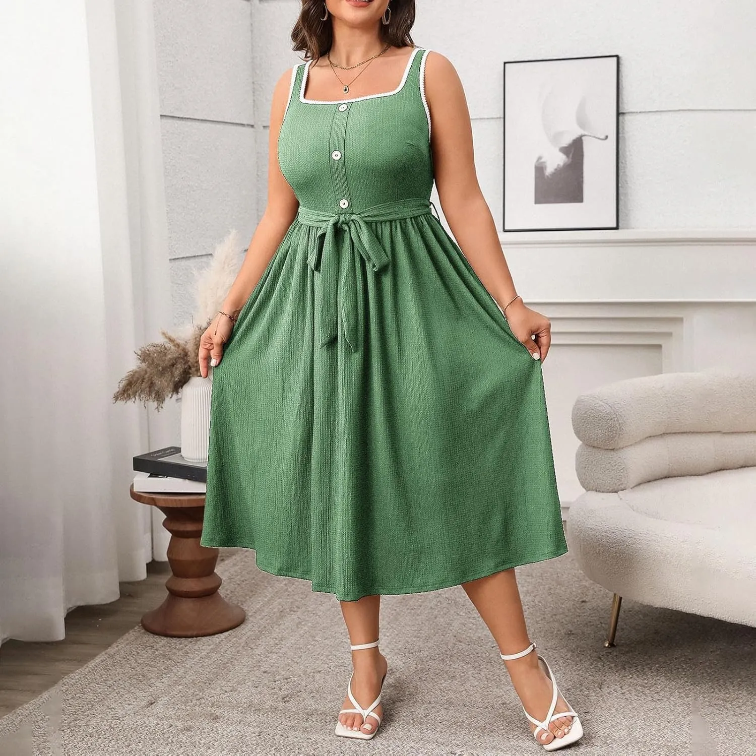 JOAU Women Plus Size Summer Beach Midi Dress Sleeveless A-Line Square Neck Smocked Pleated Belted Cocktail Party Tank Dresses