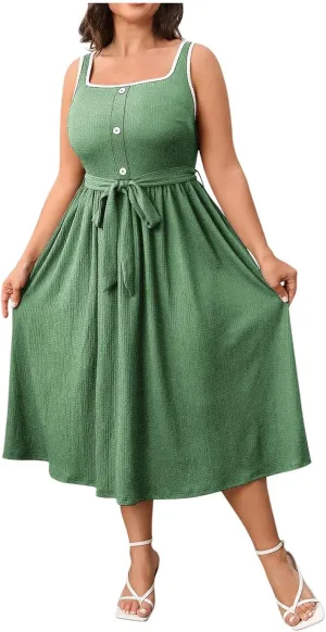 JOAU Women Plus Size Summer Beach Midi Dress Sleeveless A-Line Square Neck Smocked Pleated Belted Cocktail Party Tank Dresses
