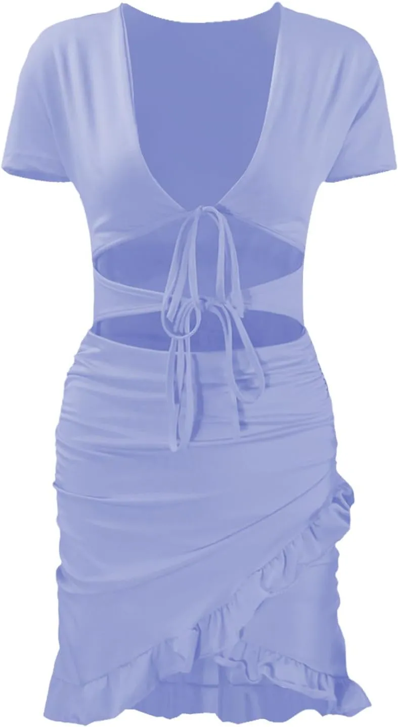 JOAU Women Sexy V Neck Tie Front Cut Out Bodycon Mini Dress Summer Short Sleeve Irregular Ruffle Hem Ruched Wrap Short Dress