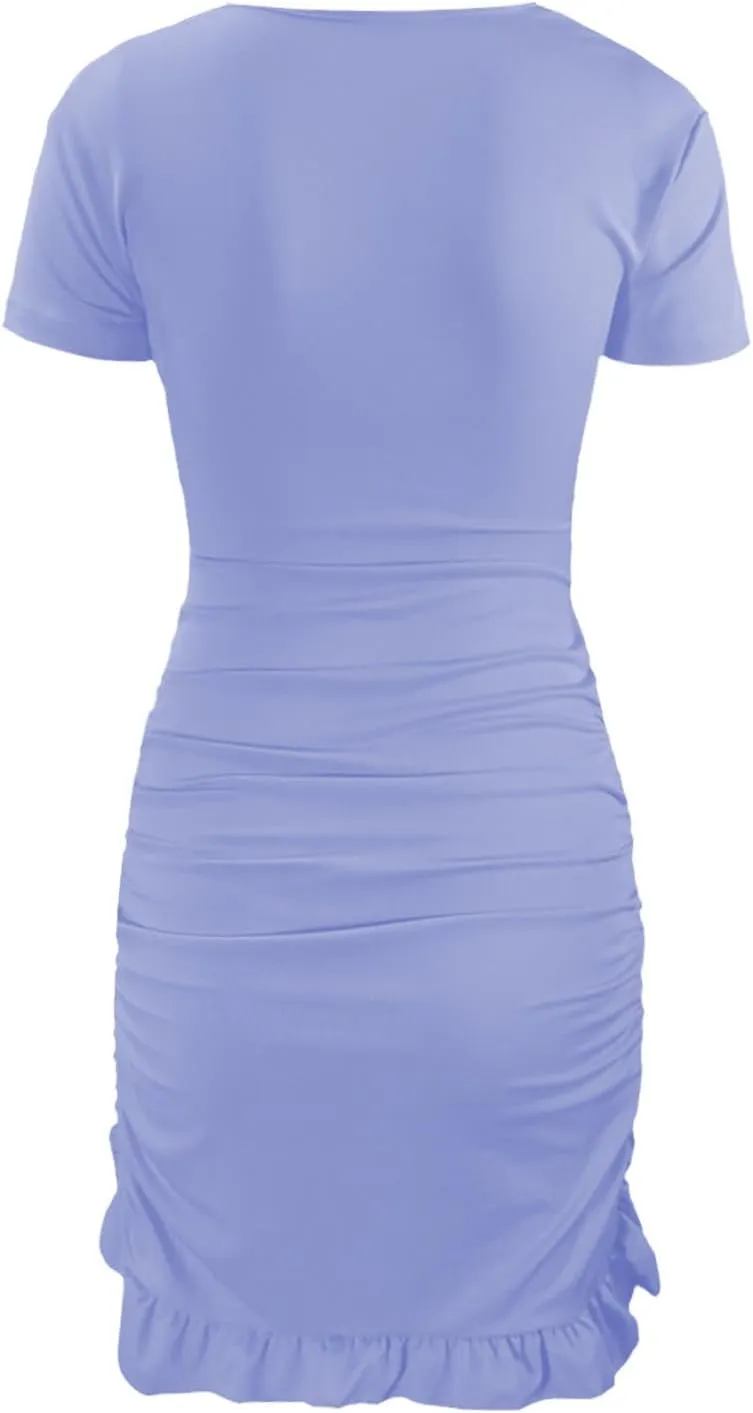 JOAU Women Sexy V Neck Tie Front Cut Out Bodycon Mini Dress Summer Short Sleeve Irregular Ruffle Hem Ruched Wrap Short Dress