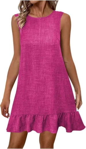 JOAU Womens Crew Neck Bowknot Backless Tank Dresses Fashion Casual Summer Sleeveless A-line Flowy Ruffle Hem Mini Sundress