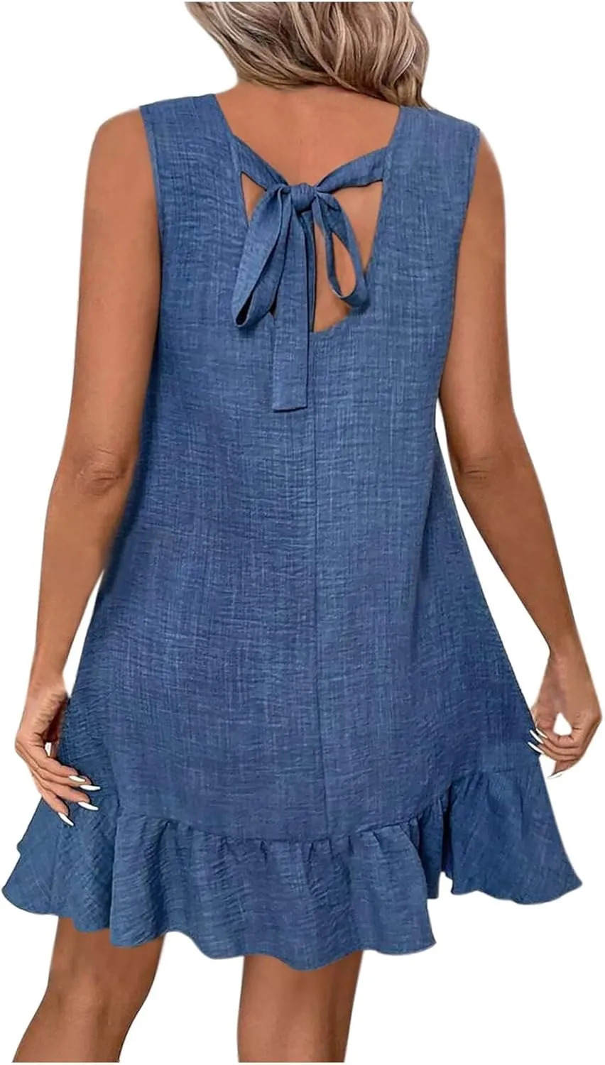 JOAU Womens Crew Neck Bowknot Backless Tank Dresses Fashion Casual Summer Sleeveless A-line Flowy Ruffle Hem Mini Sundress