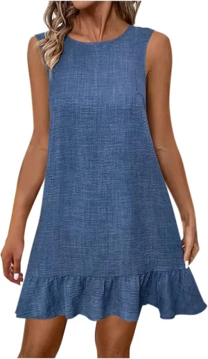 JOAU Womens Crew Neck Bowknot Backless Tank Dresses Fashion Casual Summer Sleeveless A-line Flowy Ruffle Hem Mini Sundress
