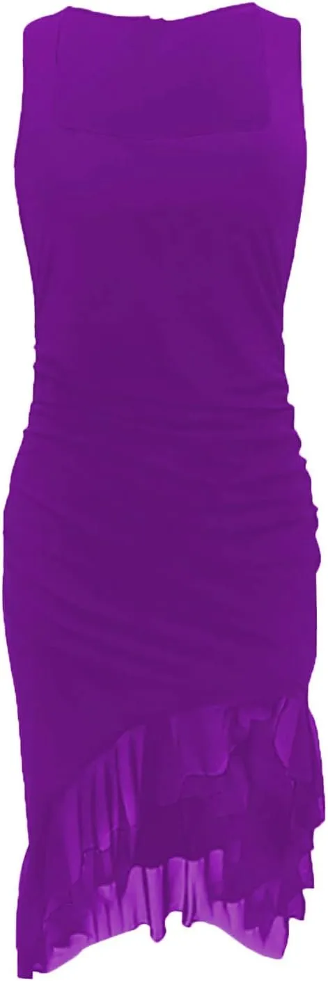 JOAU Women's Sexy Low Cut Ruched Bodycon Midi Dresses Square Neck Sleeveless Irregular Mesh Ruffle Hem Club Party Tank Dress