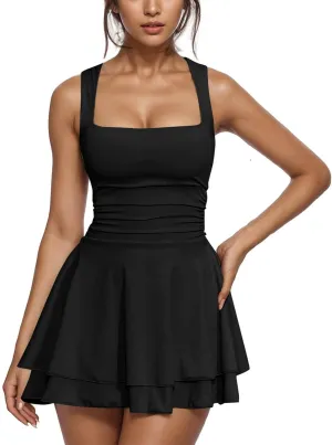 JOAU Women's Square Neck Layered Ruffle Hem Mini Dress Sleeveless Low Cut A-Line Swing Ruched Waist Short Party Dresses