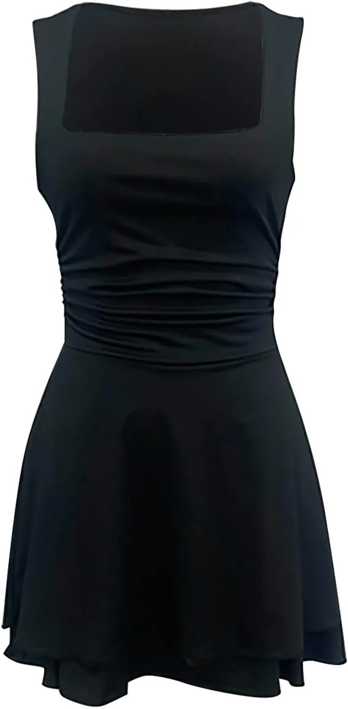 JOAU Women's Square Neck Layered Ruffle Hem Mini Dress Sleeveless Low Cut A-Line Swing Ruched Waist Short Party Dresses