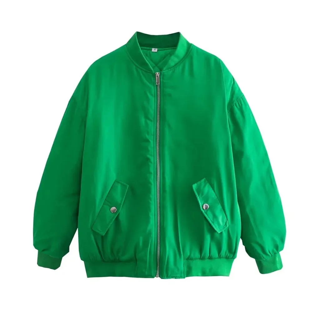 Joskaa Merodi Women New Fashion Za Green Long Jackets Stylish Lady Spring Autumn Zipper Fly Bomber Outwear Girs Casual Green Chic Coats