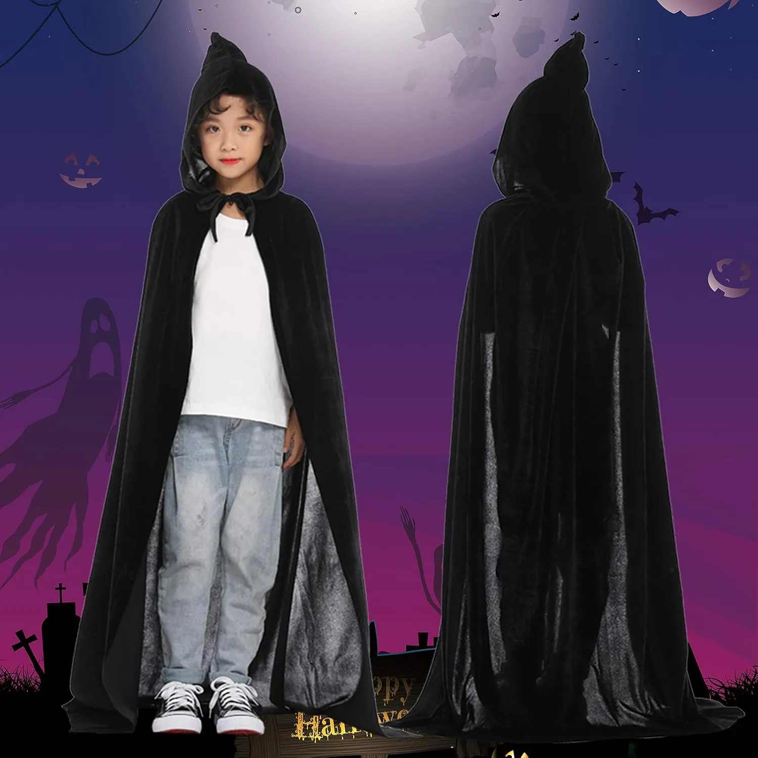 Kids Velvet Hooded Cloak Cape Unisex Halloween Cloak for Boys Girls Halloween Christmas Cosplay Robe Dress Up
