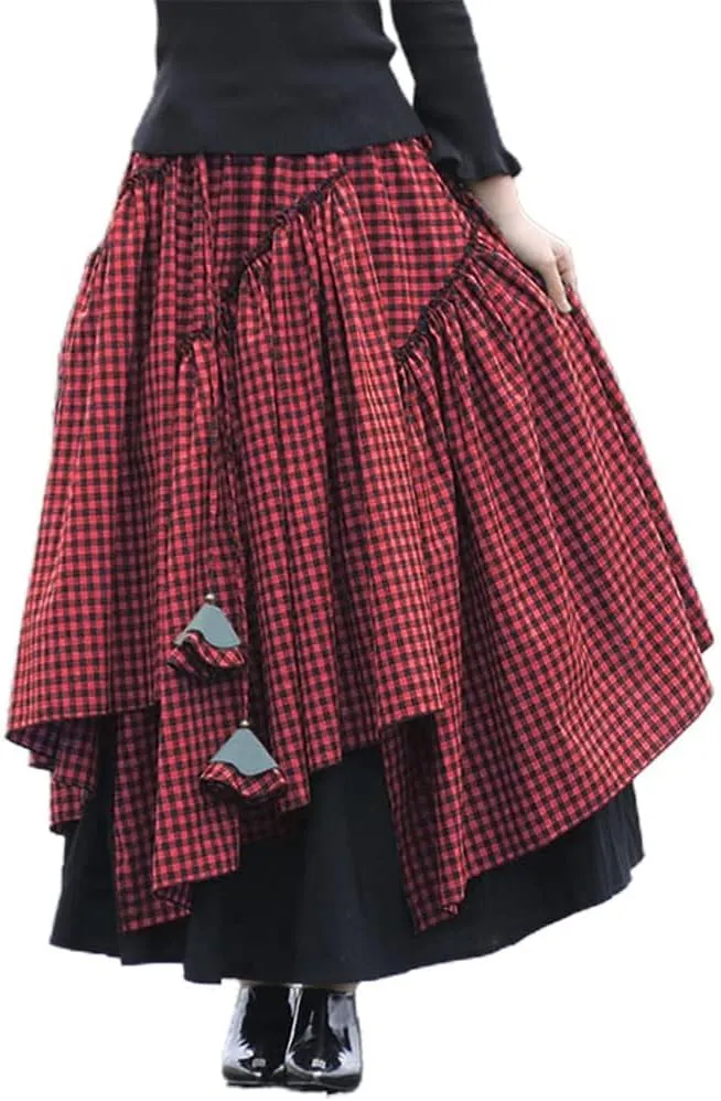 Kinghua Womens Retro Cotton Linen Long Skirt Casual Elastic Waist Pleated Asymmetrical A Line Flare Maxi Skirt