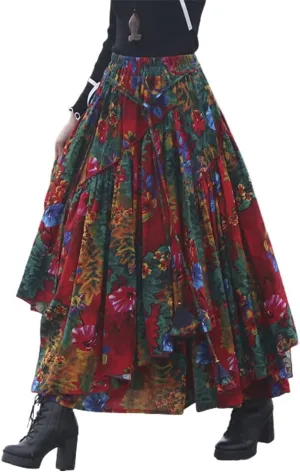 Kinghua Womens Retro Cotton Linen Long Skirt Casual Elastic Waist Pleated Asymmetrical A Line Flare Maxi Skirt