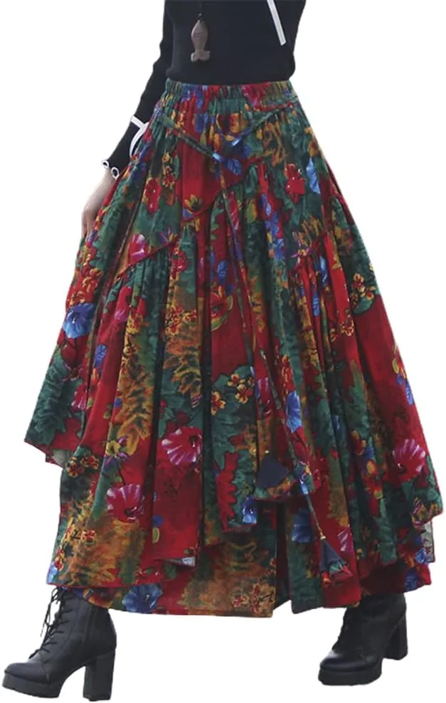 Kinghua Womens Retro Cotton Linen Long Skirt Casual Elastic Waist Pleated Asymmetrical A Line Flare Maxi Skirt