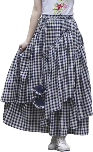 Kinghua Womens Retro Cotton Linen Long Skirt Casual Elastic Waist Pleated Asymmetrical A Line Flare Maxi Skirt