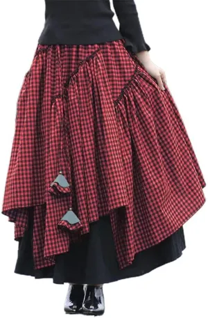 Kinghua Womens Retro Cotton Linen Long Skirt Casual Elastic Waist Pleated Asymmetrical A Line Flare Maxi Skirt