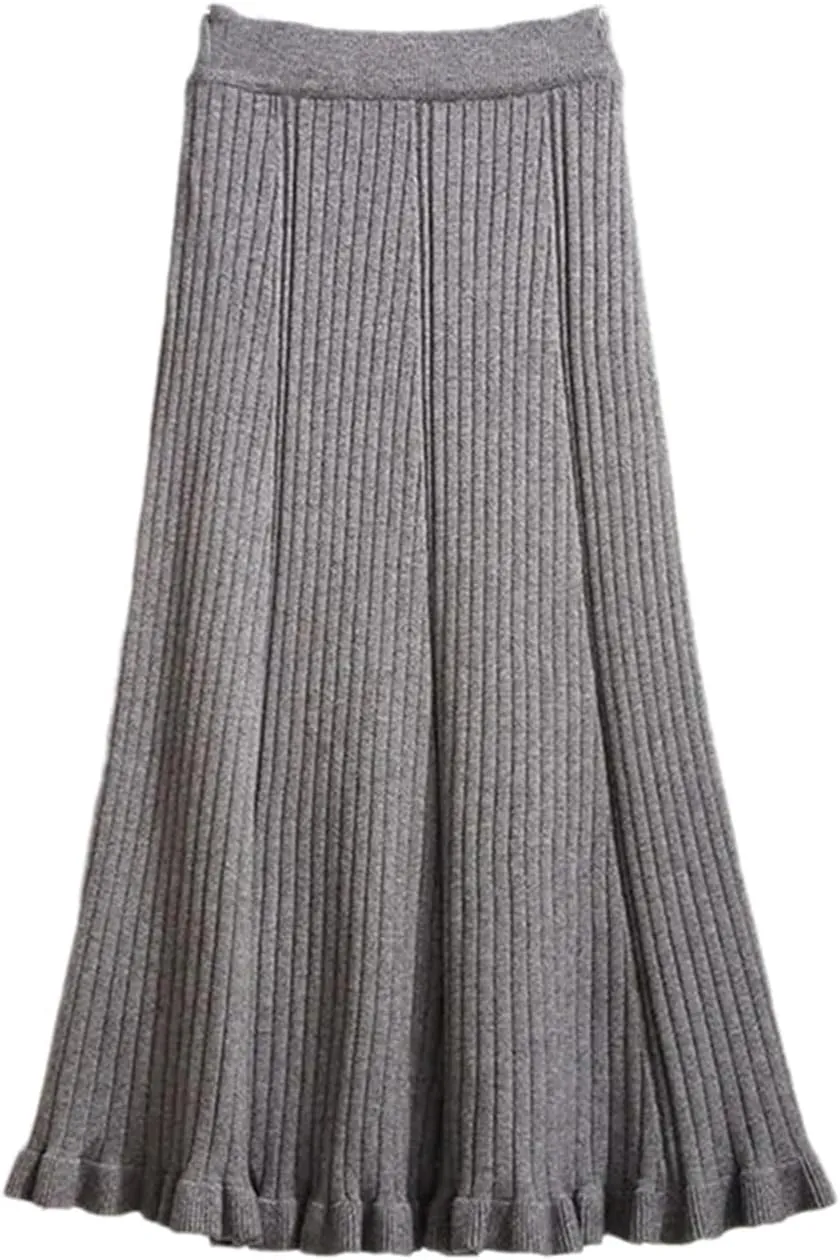 Knitted Ruffle Skirt Autumn Winter Long A-Line Skirt Women Elastic High Waist Wool Warm Midi Pleated Skirt