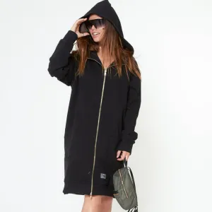 Konus Unisex Long Hoodie With Two Way Zipper  in Black