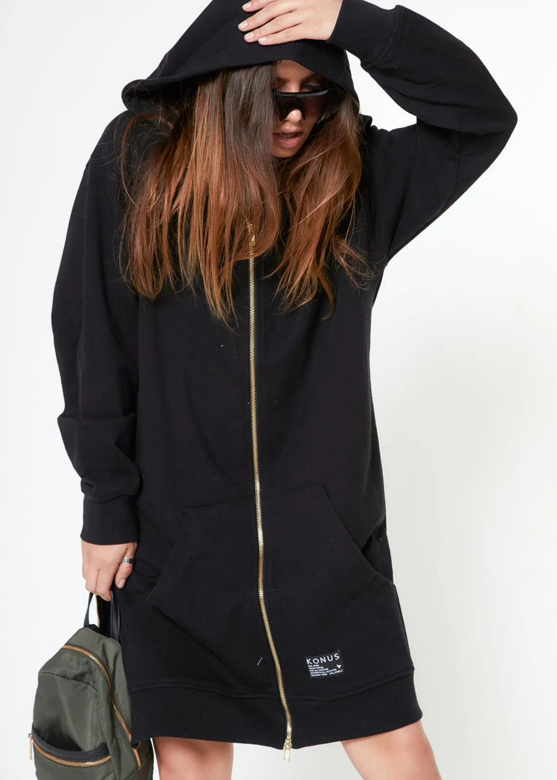 Konus Unisex Long Hoodie With Two Way Zipper  in Black