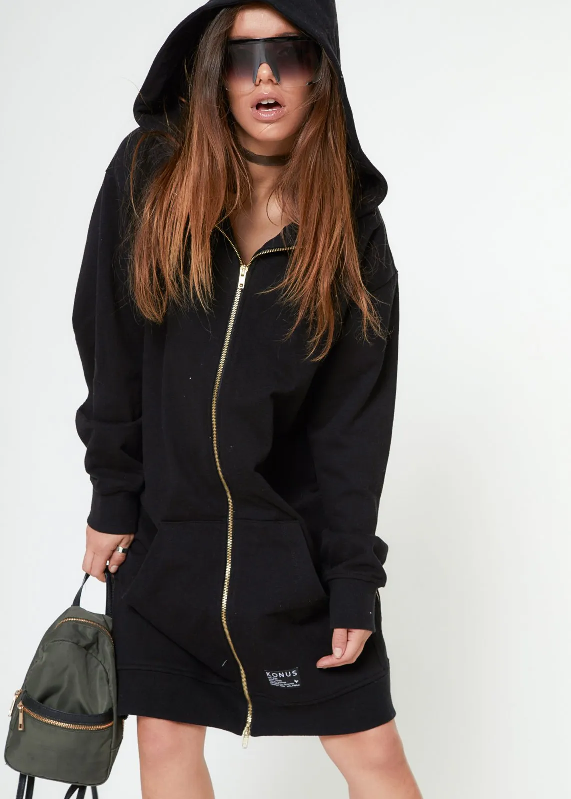 Konus Unisex Long Hoodie With Two Way Zipper  in Black