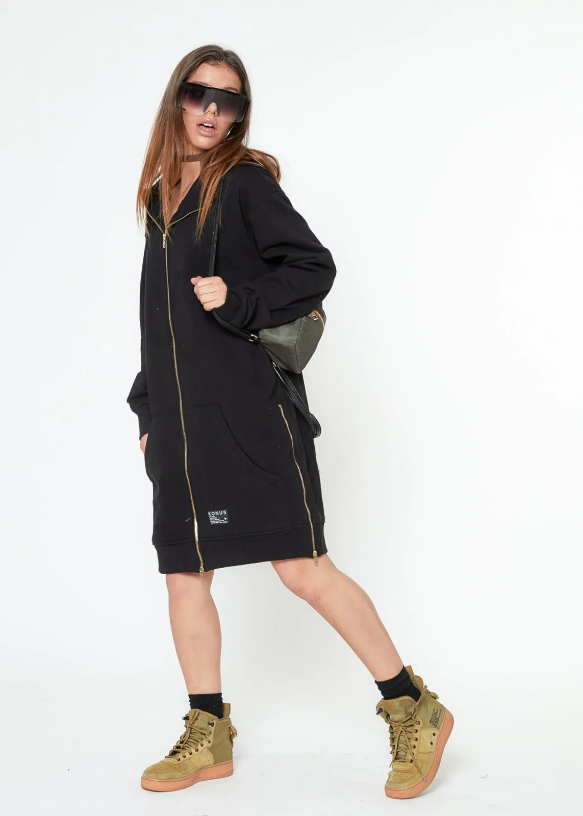 Konus Unisex Long Hoodie With Two Way Zipper  in Black
