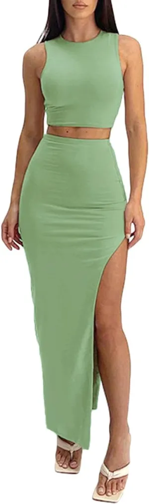Lancifolium Two piece dress sets for women 2023 summer sexy split skirt and crop top 2 piece outfits