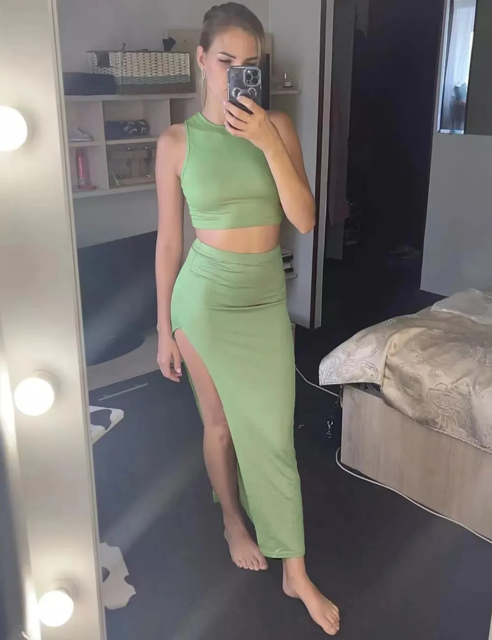Lancifolium Two piece dress sets for women 2023 summer sexy split skirt and crop top 2 piece outfits