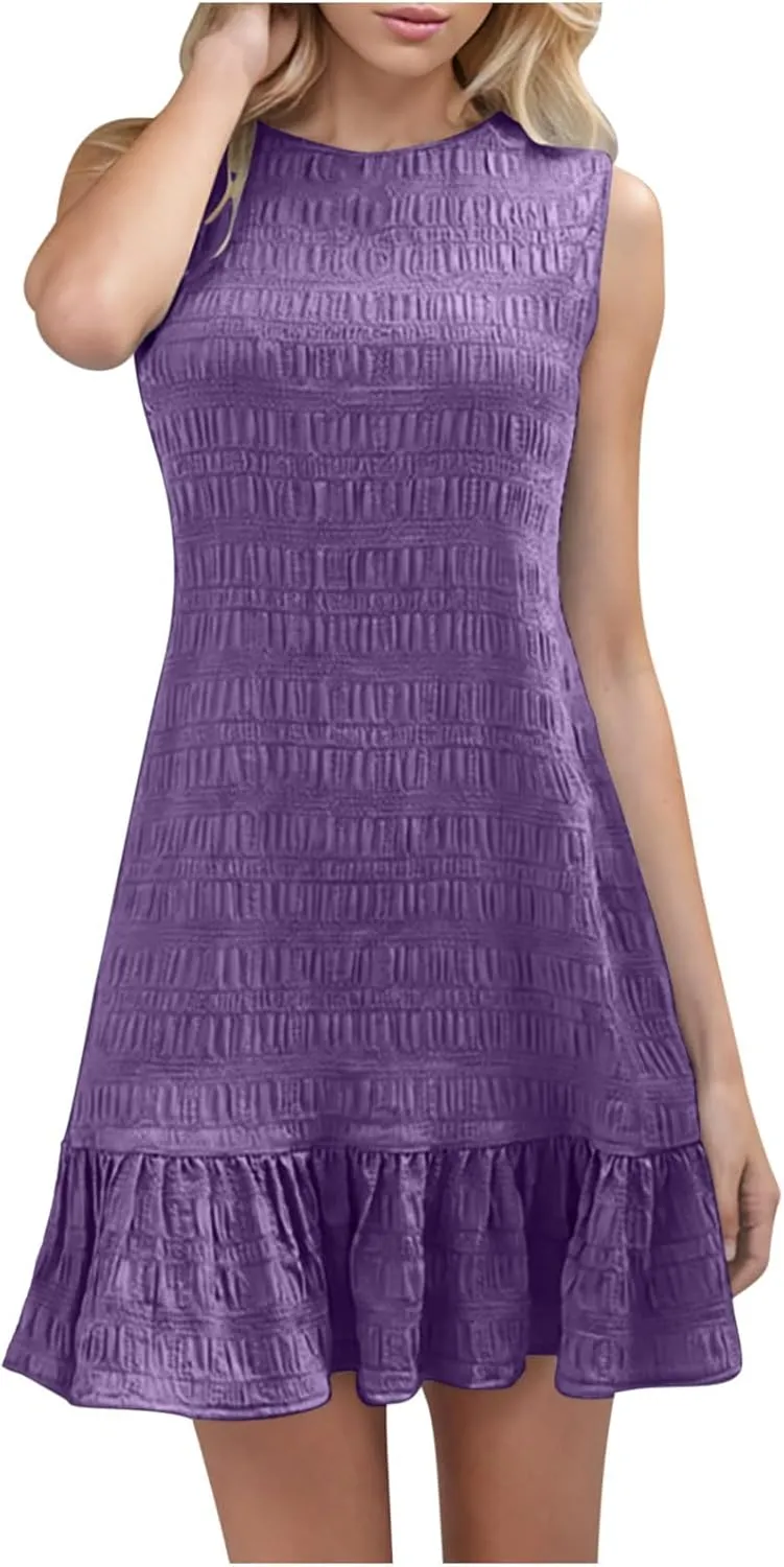 Lmdudan 2025 Summer Dress for Women Ruffle Hem Swing Mini Dress Sleeveless Tank Dresses Round Neck Casual Smock Sundress
