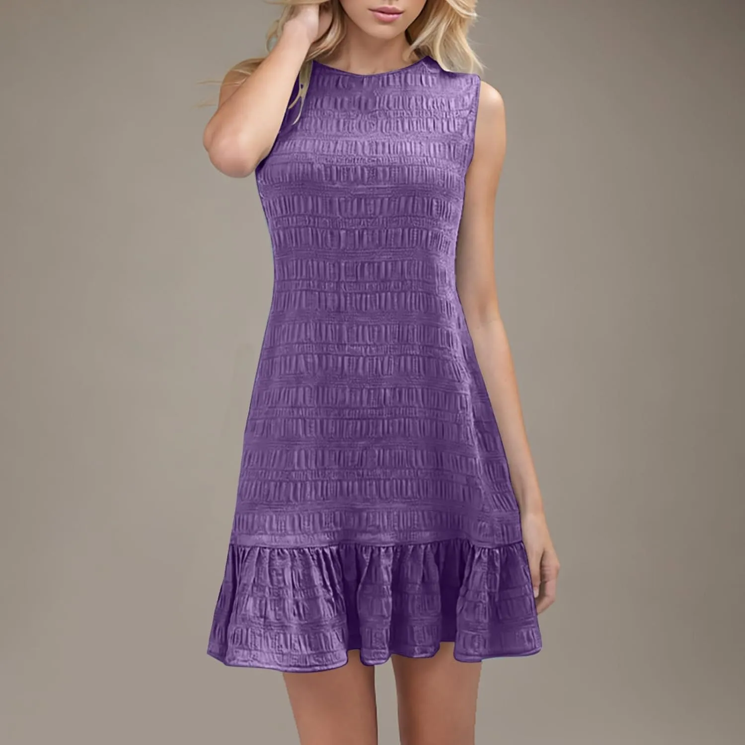 Lmdudan 2025 Summer Dress for Women Ruffle Hem Swing Mini Dress Sleeveless Tank Dresses Round Neck Casual Smock Sundress