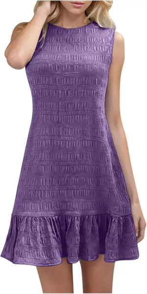 Lmdudan 2025 Summer Dress for Women Ruffle Hem Swing Mini Dress Sleeveless Tank Dresses Round Neck Casual Smock Sundress